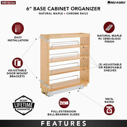 Rev-A-Shelf Pullout Kitchen Cabinet Organizer, Min Cabinet Opening 5.5" W | 5" W Slide Out Pantry Spice or Utensil Storage Rack with Adjustable Shelves for Base Cabinet Organization, 448-BC-5C