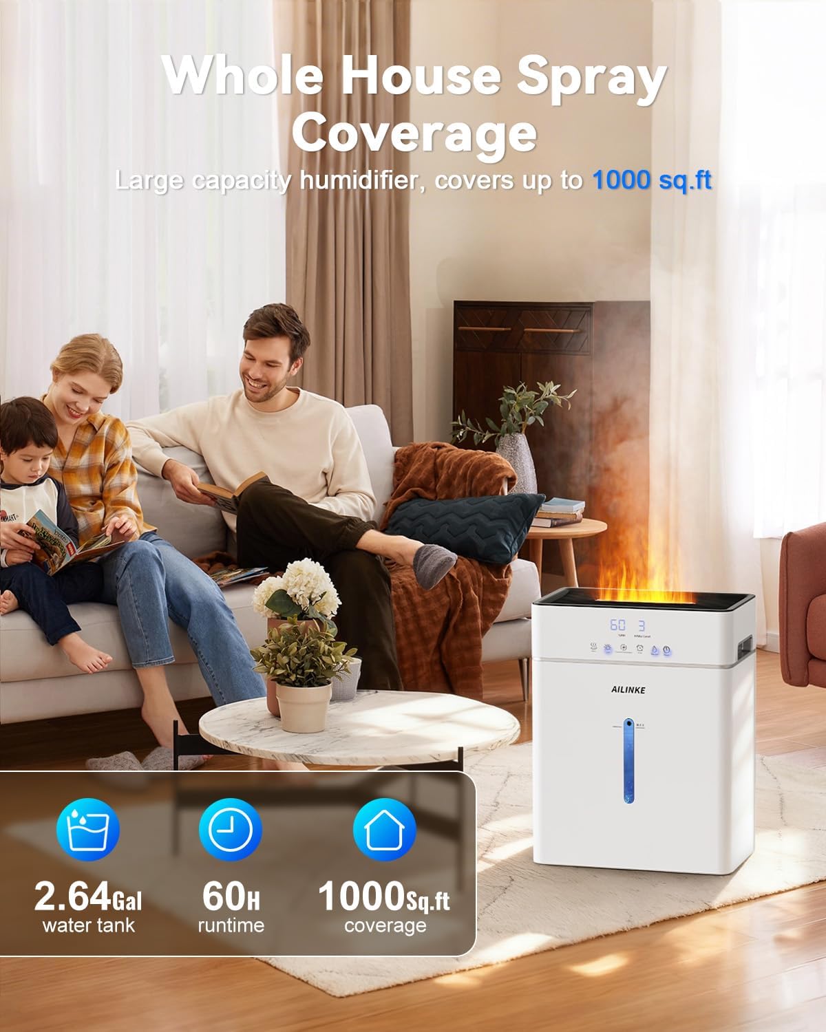 Humidifiers for Bedroom Large Room 10L/2.64Gal, Warm and Cool Mist Humidifier Large Room, Simulated Flame Humidifier Light, 12H Timer, 3 Speed, Top Fill, 1000sq.ft for Baby/Plant/Office | Warm and Cool Mist, 12H Timer, 3 Speed, Top Fill, 1000sq.ft for