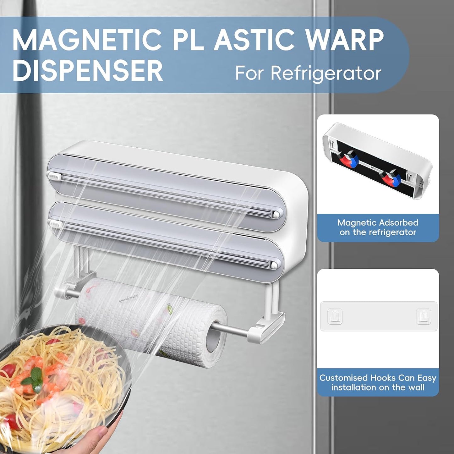 Magnetic Plastic Wrap Dispenser with Cutter,3 in 1 Aluminum Foil wrap Organizer,Upgrade Practical Refillable Cling Wrap Film Cutter，Wall Mount Kitchen Wrap Dispenser - Fits 12" Roll, White