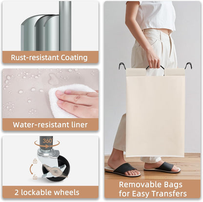 STORAGE MANIAC 3 Section Laundry Sorter, 35.6 Gal (135 L) Laundry Hamper Cart with Heavy Duty Rolling Lockable Wheels and Removable Bags, Clothes Organizer Basket Separator Hamper, Gray