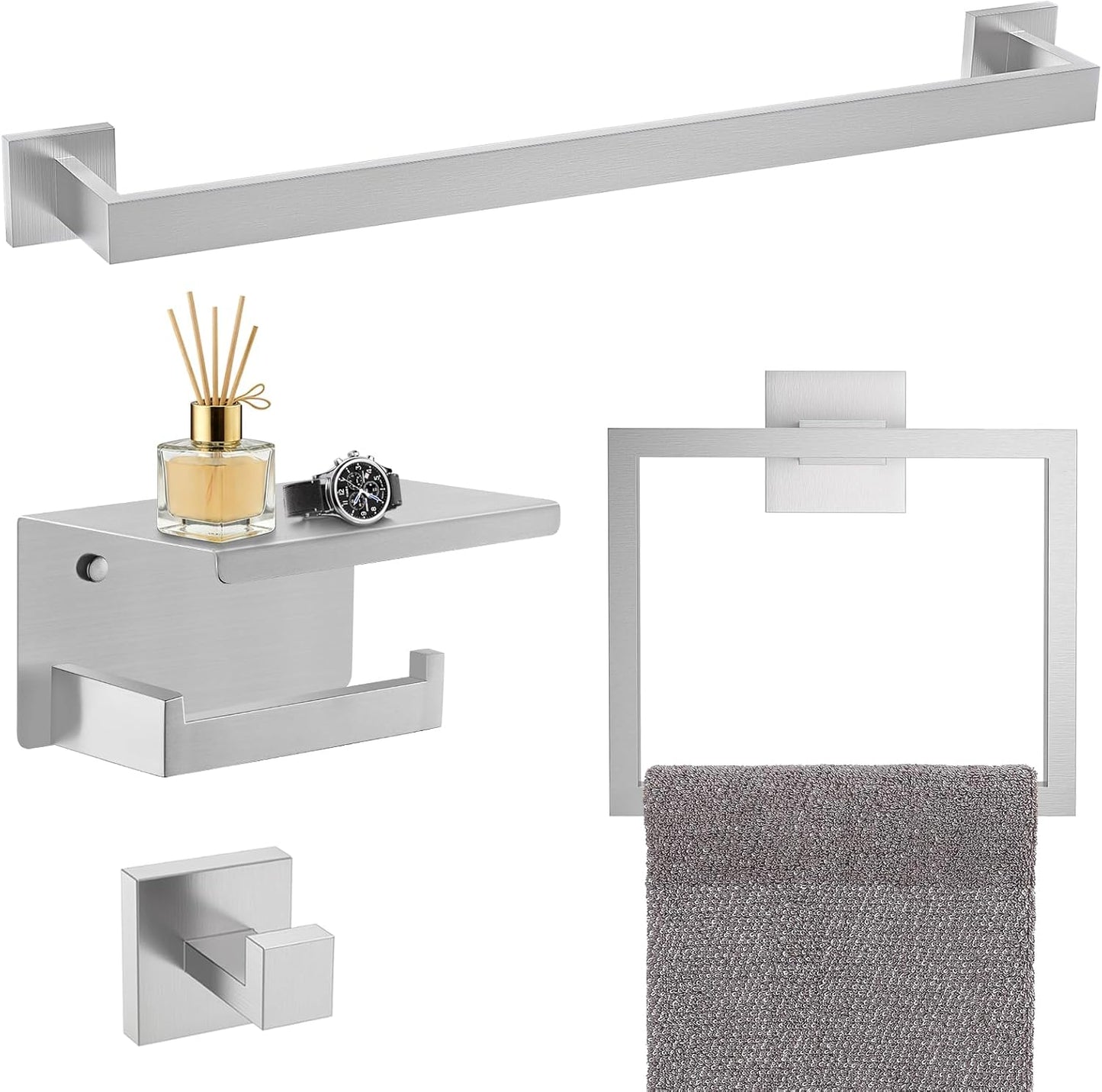 TURS Bathroom Hardware Set Black 4-Piece Towel Bar Set Include 24 Inch Towel Bar Hand Towel Holder Towel Hook Toilet Paper Holder with Shelf Wall Mounted Stainless Steel Bathroom Accessories Set