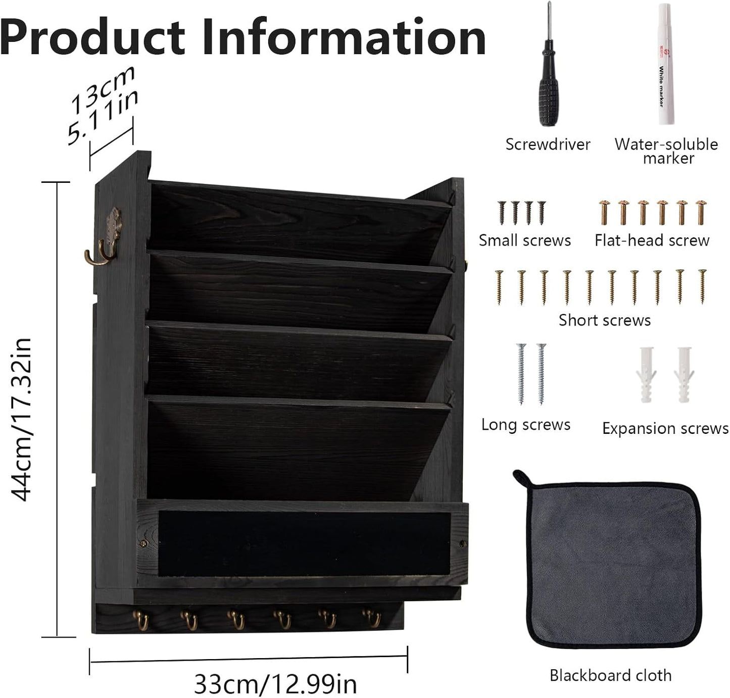 Rustic wall mail organizer,Key and Mail File Holder for Wall Mount | 6 Key Hooks 2 Double Key Hooks A blackboard,for Home,Office, Classroom,Entryway Decor (brown)