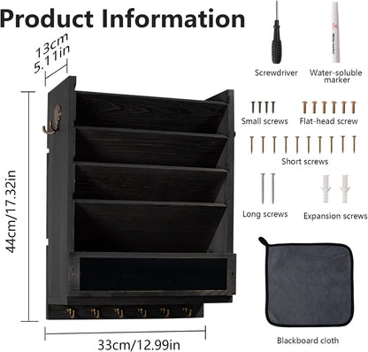 Rustic wall mail organizer,Key and Mail File Holder for Wall Mount | 6 Key Hooks 2 Double Key Hooks A blackboard,for Home,Office, Classroom,Entryway Decor (brown)