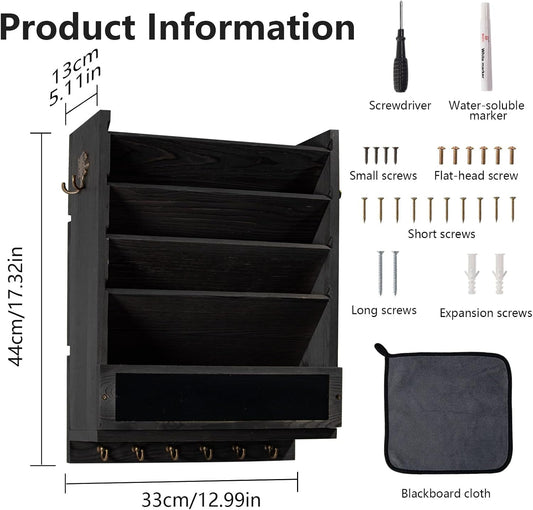 Rustic wall mail organizer,Key and Mail File Holder for Wall Mount | 6 Key Hooks 2 Double Key Hooks A blackboard,for Home,Office, Classroom,Entryway Decor (brown)