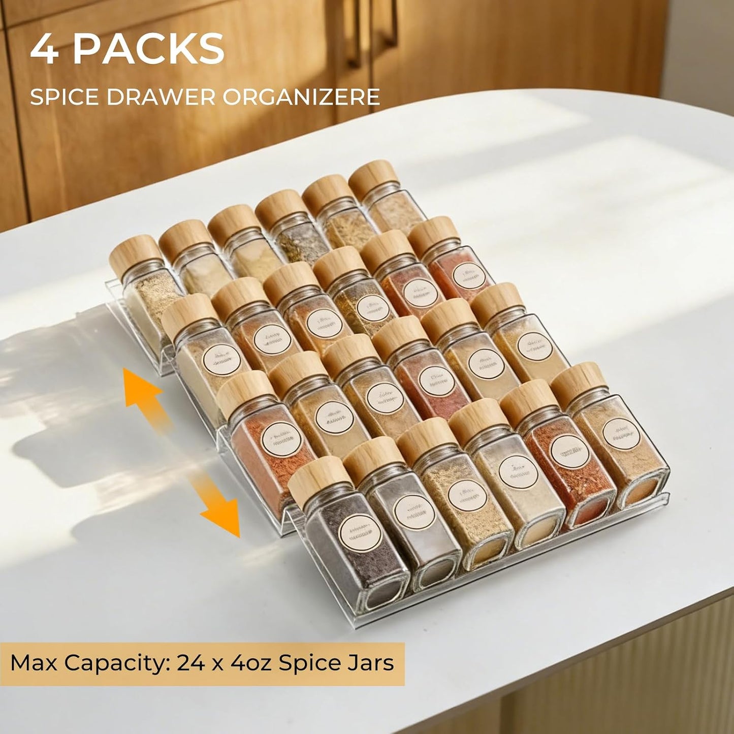 UFORU Acrylic Drawer Spice Organizer 4 Pack,Expandable 11‑22" Tray | Clear Tiered Spice Rack for Drawer,Seasoning Organizer,Hold Up to 24 Standard Spice Jars,No Assembly,Jars Not Included