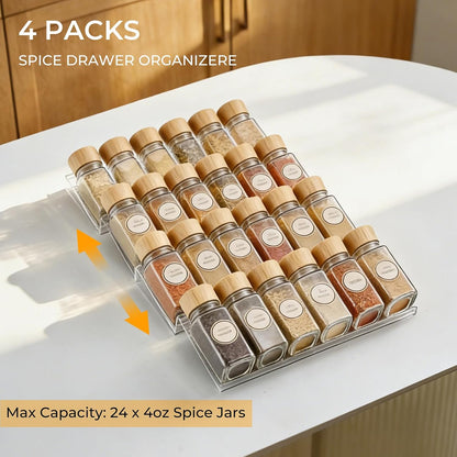 UFORU Acrylic Drawer Spice Organizer 4 Pack,Expandable 11‑22" Tray | Clear Tiered Spice Rack for Drawer,Seasoning Organizer,Hold Up to 24 Standard Spice Jars,No Assembly,Jars Not Included