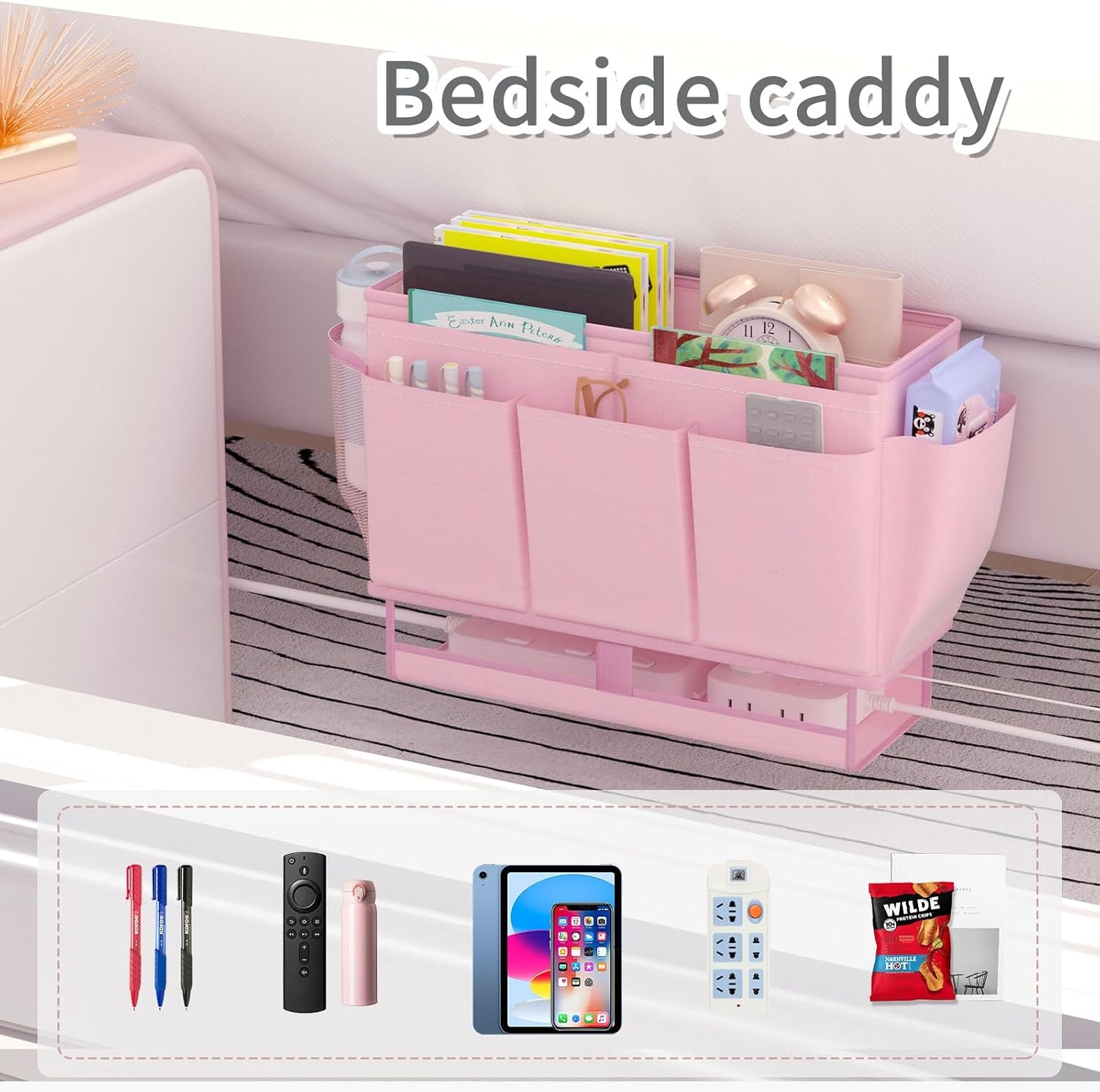 Bedside Caddy Bedside Organizer,Bed Caddy with 11 Pockets and Power Strip Holder,Versatile Bedside Storage Caddy for Home,Dorm,Bunk,Hospital,Crib Bed (Pink)