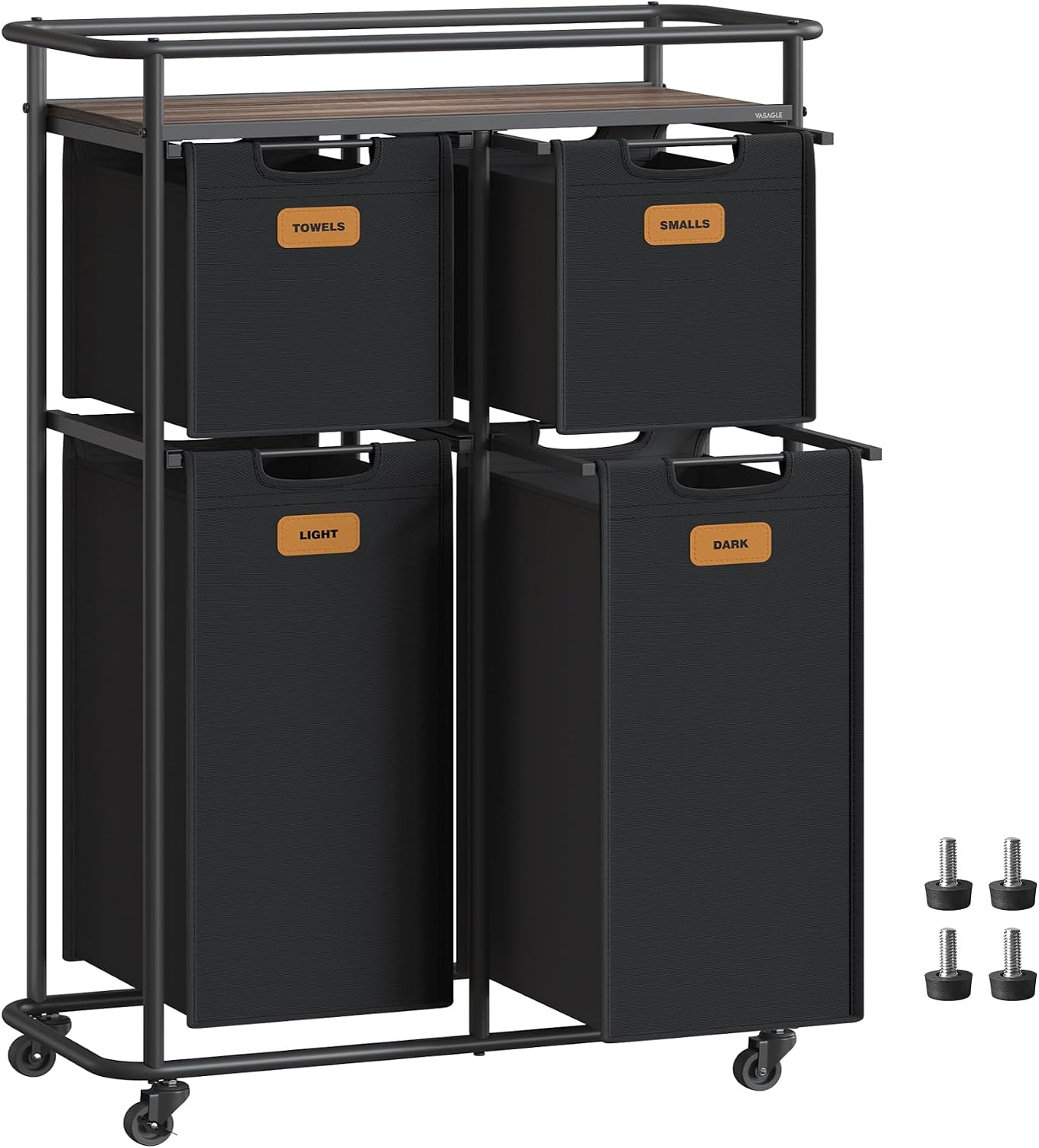 VASAGLE Laundry Sorter with Wheels, 39.6 Gal., 4 Removable Liners | Portable Laundry Cart with Shelf, 150 L, 6 Labels, Ink Black and Chestnut Brown, STEVIE Collection URLS100BH01S