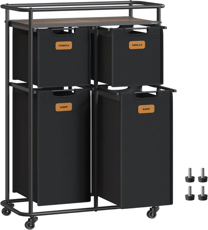 VASAGLE Laundry Sorter with Wheels, 39.6 Gal., 4 Removable Liners | Portable Laundry Cart with Shelf, 150 L, 6 Labels, Ink Black and Chestnut Brown, STEVIE Collection URLS100BH01S