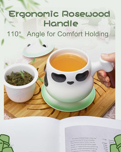 ZENS Tea Infuser Mug with Lid for Loose Leaf Tea Steeper, 11oz Panda | Embossed Ceramic Tea Infuser Mug with Fine Strainer for Herbal Tea Lovers Gifts, Nature Wood Handle