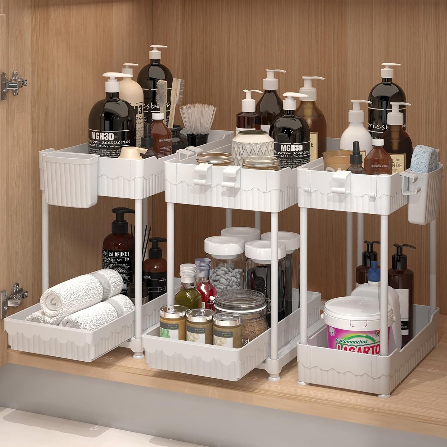 3-Pack 2-Tier Under Sink Organizers with Sliding Drawers | Multi-use kitchen & bathroom storage, 12.8 inch black cabinet organizer, space-saving sliding drawer design.