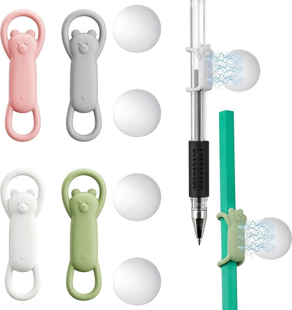 4 Pcs Magnetic Pen Holder for Refrigerator, Silicone Adjustable Pen Pencil Holder, Cute Bear Design Silicone Flexible Pencil Holder for Whiteboards, Desk, Clipboard (Multi-Color)