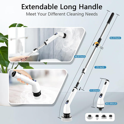 Electric Spin Scrubber,8 Replaceable Brush Heads for Home | IPX7 waterproof power scrubber with LCD display, multi heads, extendable handle, 90min runtime for bathroom kitchen glass car
