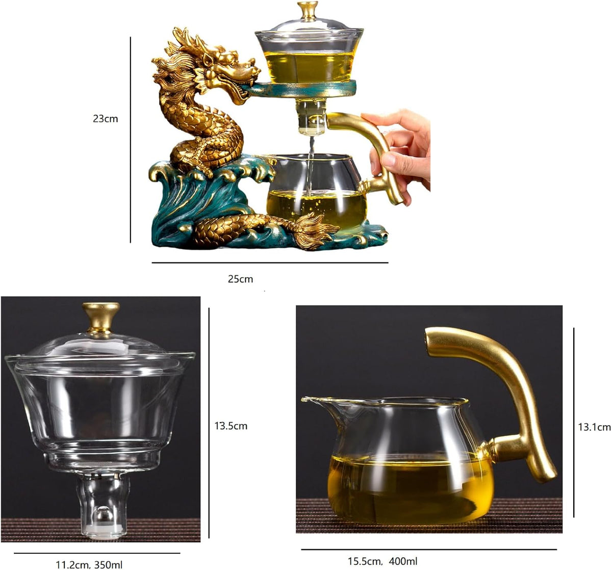Glass Teapot Set Tea Maker with Infuser Semi Automatic Drip Rotating Cover Bowl Lazy Tea Set (Dragon, Teapot set)