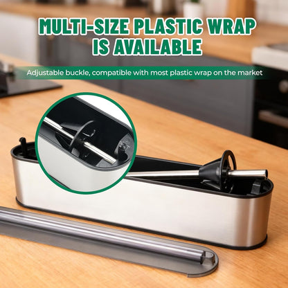 Stainless Steel & Plastic Wrap Dispenser with Cutter, Magnetic No-Drill Wall Mount Aluminum Foil Holder with Slide Cutter, for Cabinets, Space-Saving Kitchen Organizer (Silvery-Stainless Steel)