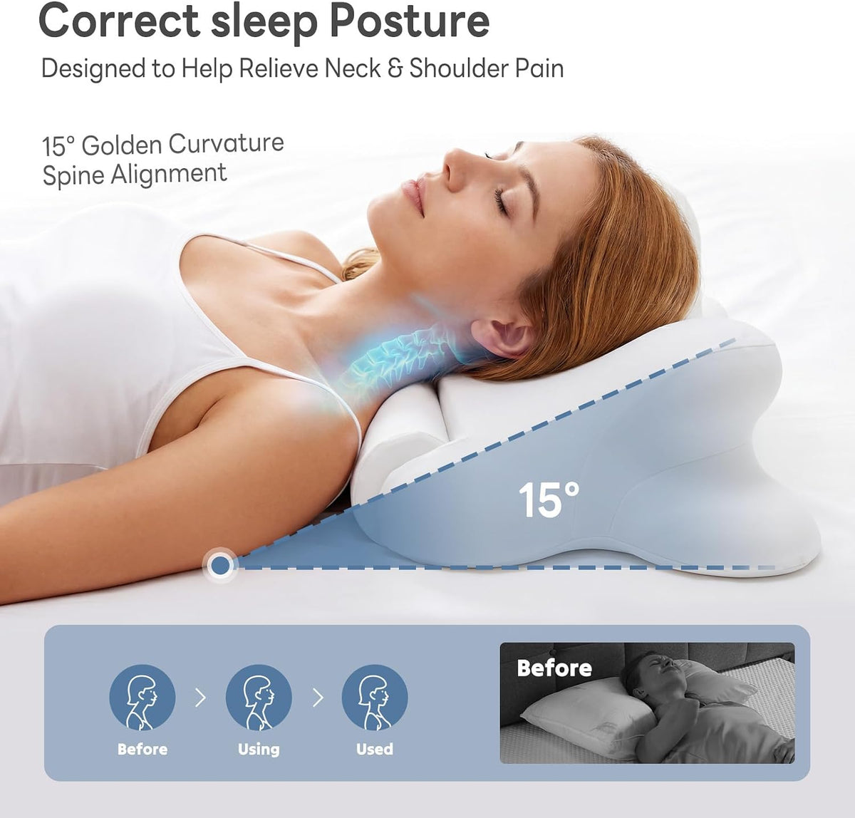DUMOS 2-in-1 Contoured Neck Pillow, Slow Rebound Cooling Memory Foam with Detachable Round Support Roll, Multi Support Bolster for Neck Waist Ankle, Washable Cover for Side Back Stomach Sleepers White