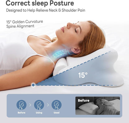 DUMOS 2-in-1 Contoured Neck Pillow, Slow Rebound Cooling Memory Foam with Detachable Round Support Roll, Multi Support Bolster for Neck Waist Ankle, Washable Cover for Side Back Stomach Sleepers White