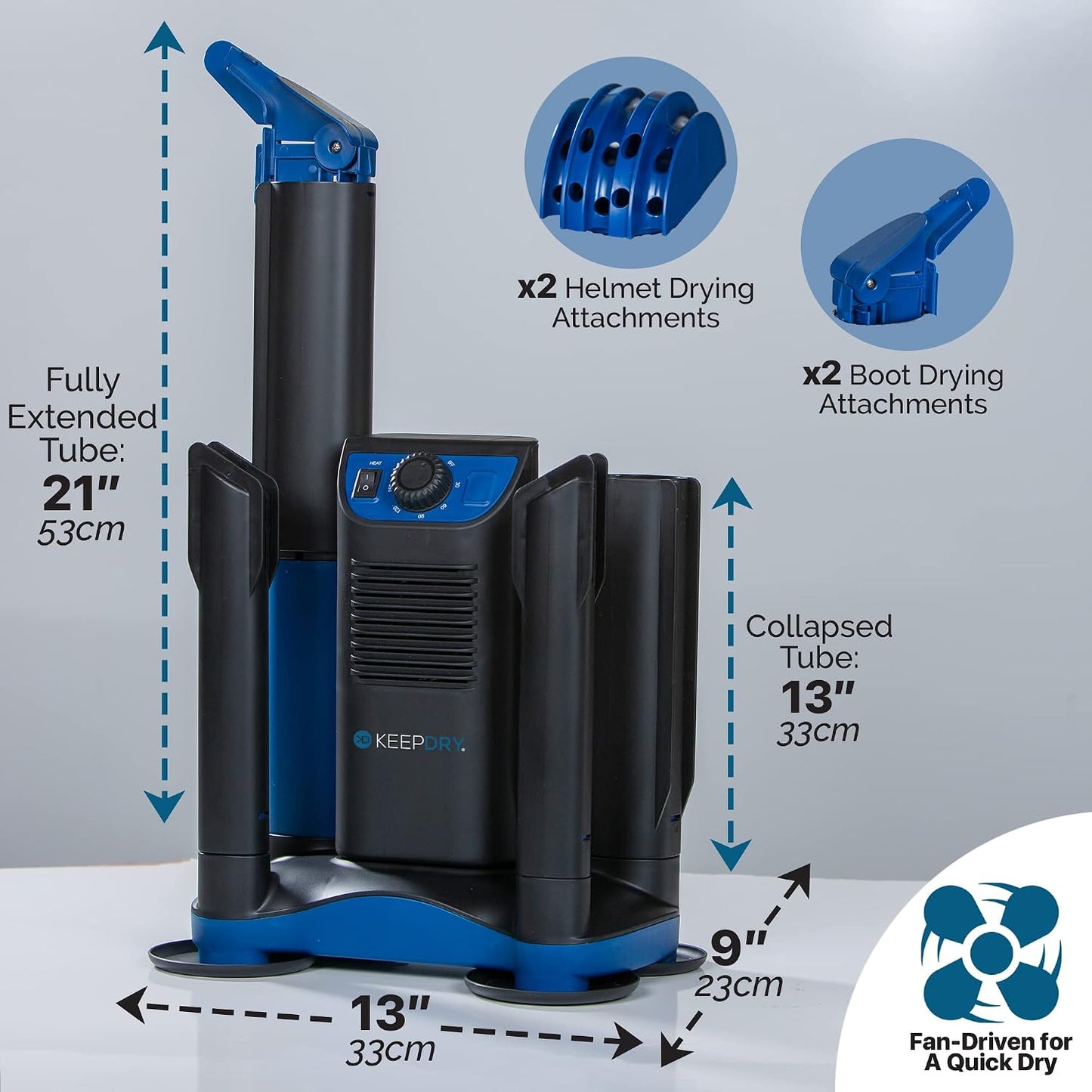 Forced Heat Boot Dryer - Heavy Duty Shoe Dryer with Heat Switch & Timer - Quickly Dry Garments - Collapsible Drying Tubes | 3-hour timer, shutoff option for delicate materials, four adjustable tubes, helmet and hat attachments