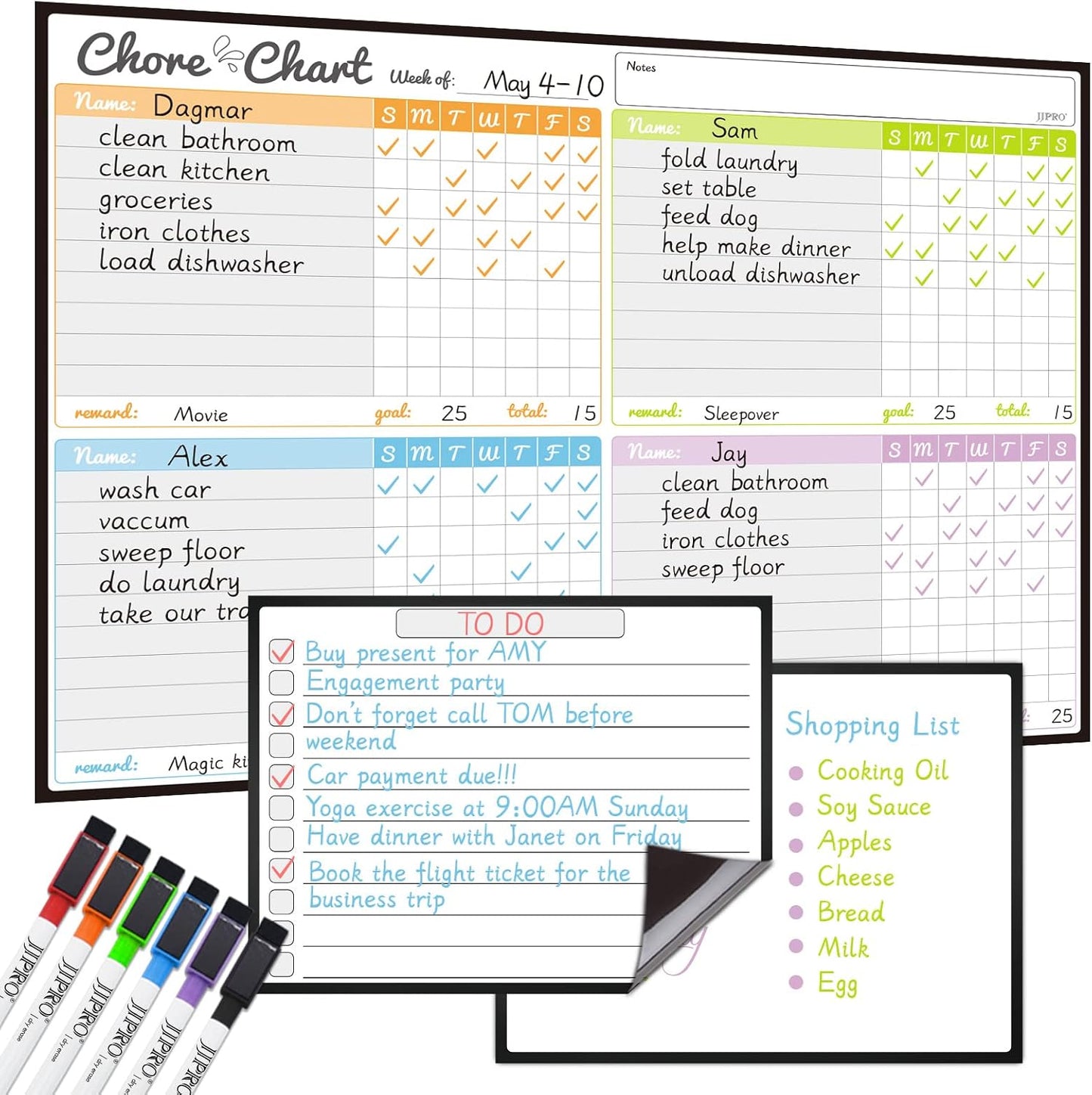 JJPRO Magnetic Dry Erase Chore Chart Set for Fridge-Used for Multiple Kids-One Chore Chart and Two Bonus Dry Erase Pad/Grocery Boards-Behavior Chart for Multiple Kids
