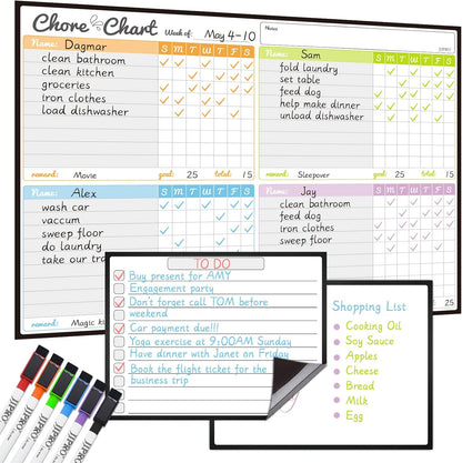 JJPRO Magnetic Dry Erase Chore Chart Set for Fridge-Used for Multiple Kids-One Chore Chart and Two Bonus Dry Erase Pad/Grocery Boards-Behavior Chart for Multiple Kids