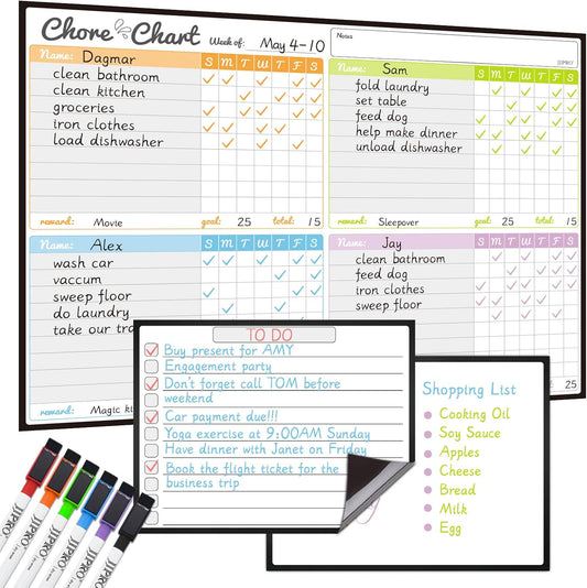 JJPRO Magnetic Dry Erase Chore Chart Set for Fridge-Used for Multiple Kids-One Chore Chart and Two Bonus Dry Erase Pad/Grocery Boards-Behavior Chart for Multiple Kids