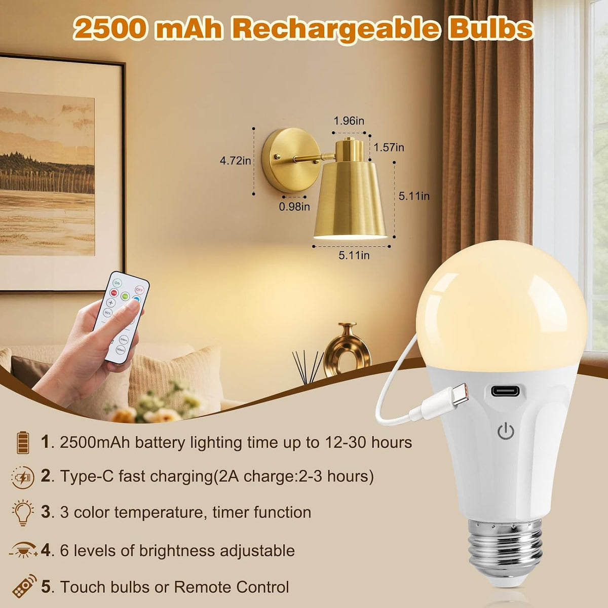 Gold Battery Operated Wall Sconces Set of Two with Remote, Rechargeable Battery Powered Wall Lights, 3 Color Temperature, Dimmable, Modern Wireless Wall Lamps for Bedroom Living Room Hallway