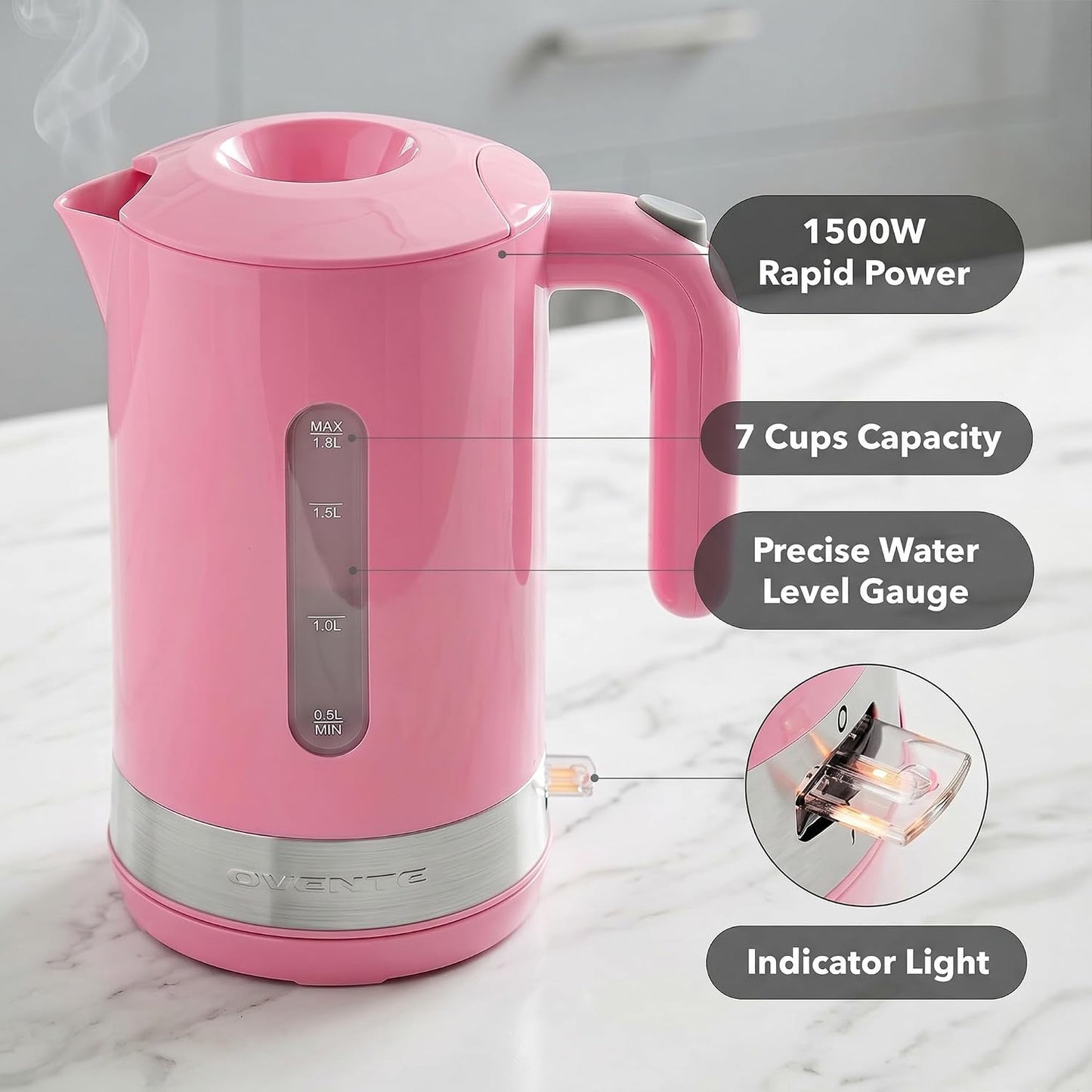 OVENTE 1.8L Electric Kettle with 1500W Fast Boiling Heater, Black KP413B | Best For Coffee or Tea, BPA-Free, Easy-Fill Lid, Water Level Window, Auto Shut-Off & Boil-Dry Protection, Removable Filter