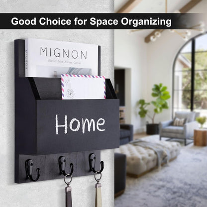 Key and Mail Holder for Wall Mount, Mail Holder with Chalkboard | Mail Organizer with 2 Slot, Key Holder with 3 Sturdy Hooks for Coat, Dog Leash, Decorative Key Rack (8.86”W x 11.42”H x 3”D)