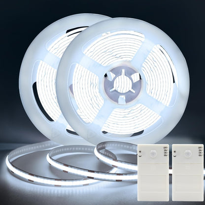 2 Pack Battery COB Motion Sensor Strip Lights with Day & Night Modes | 6.6Ft 640 LED Under Cabinet Flexible Tape Lights for Bedroom Kitchen Stair Shelf, 6000K Cool White