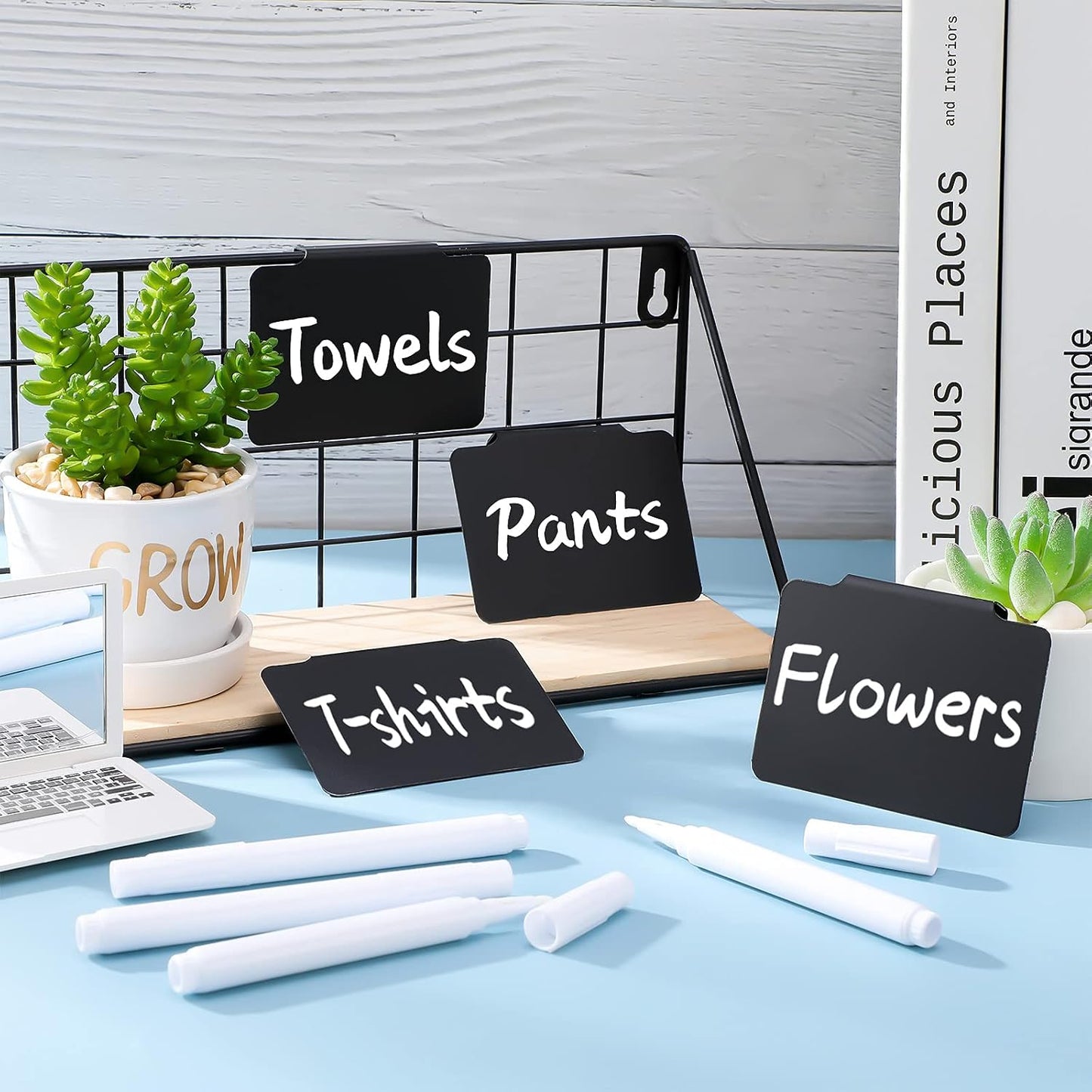 18 Pcs Plastic Basket Bin Label Clip on Removable Basket Label Clip with White Chalk Markers for Kitchen Pantry Storage Fabric Box Hanging Bin