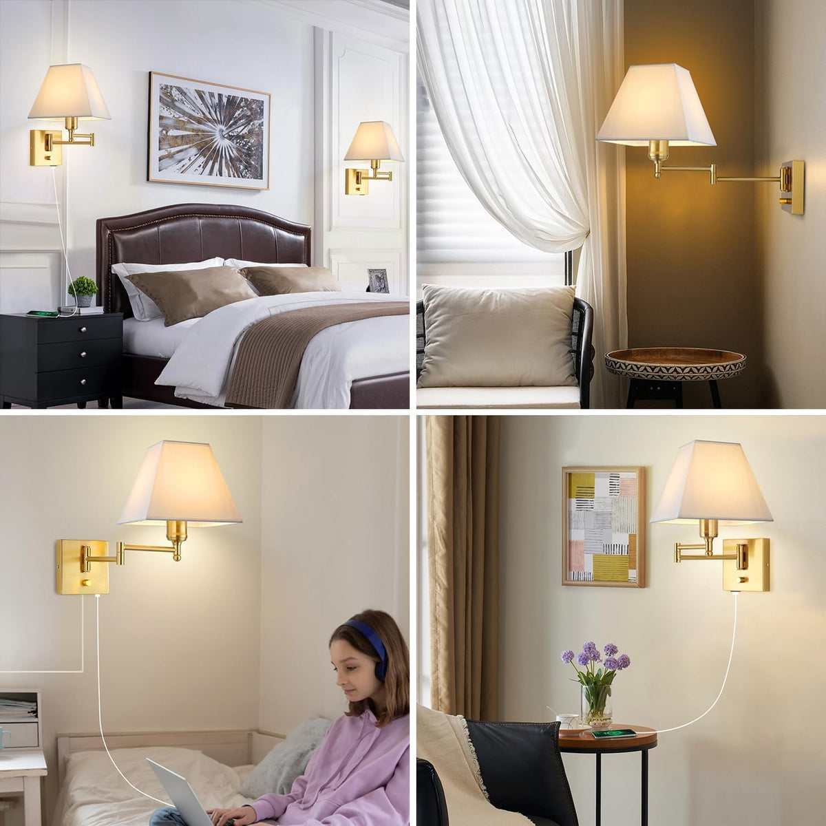 Wall Mounted Lamp Plug in Wall Sconce with Dimmable Switch Swing Arm Wall Lamp Whire Fabric Shade with USB Port Gold Wall Sconce Suitable for Hallway Bedroom Living Room…