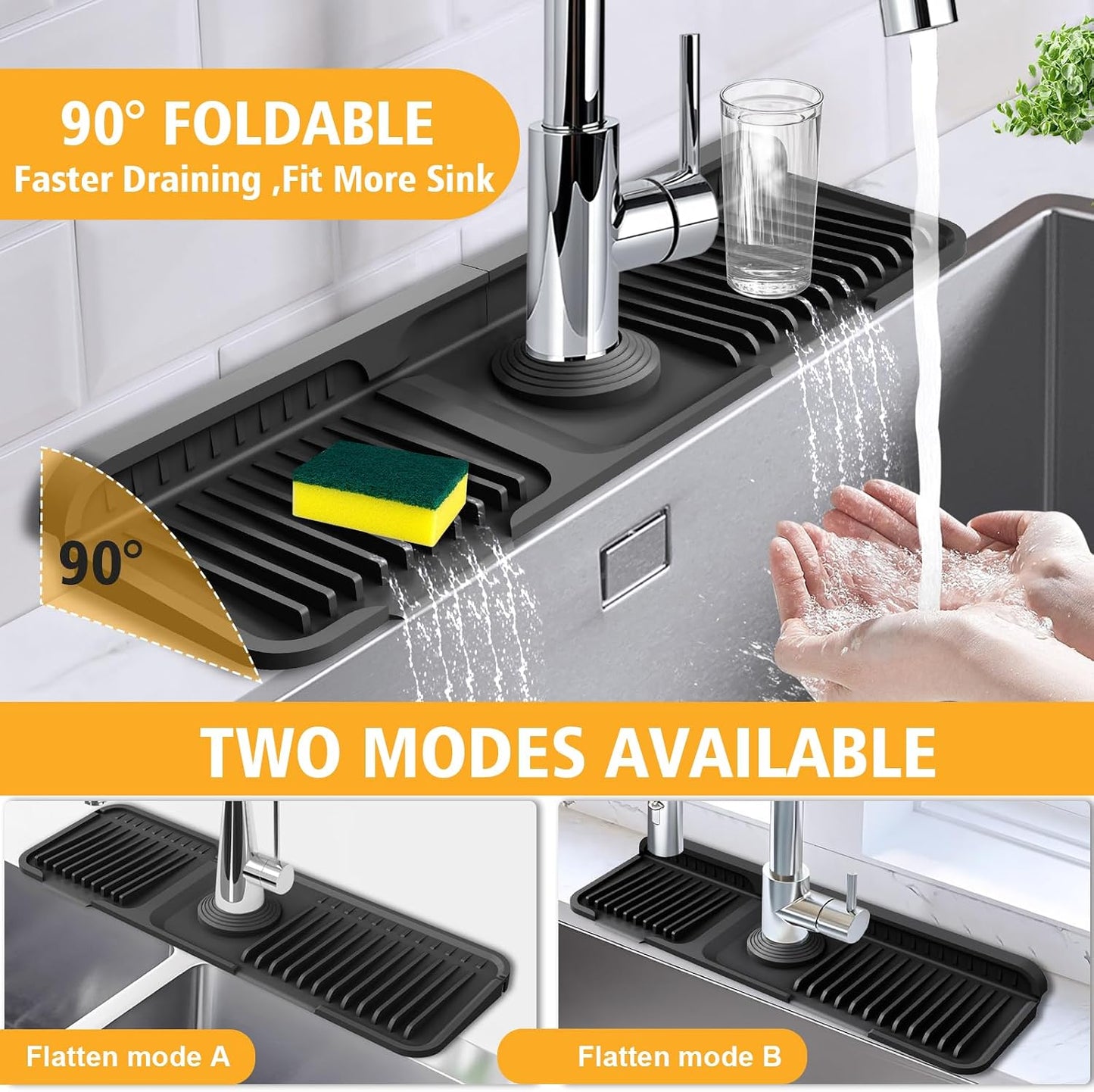 17.7-Inch Kitchen Sink Splash Guard Mat | 7° Slope for Fast Self-Draining | Snap-Lock Design | Universal & Cuttable Silicone Faucet Mat Gray