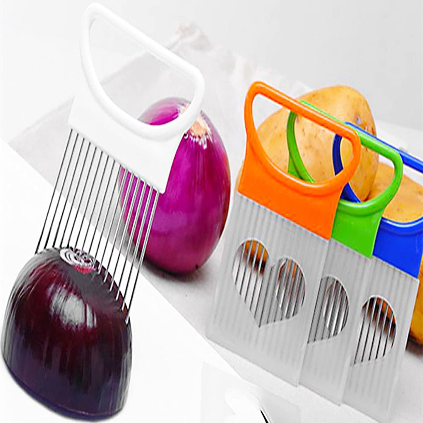 4PCS Onion Holder Slicer Set,Stainless Steel Fruit Tomato Lemon Potato Vegetable Holder Slicer Crinkle Cutter Tool for Kitchen Worker Slicing,Onion Cutter French Fry Cutter,4 Colors