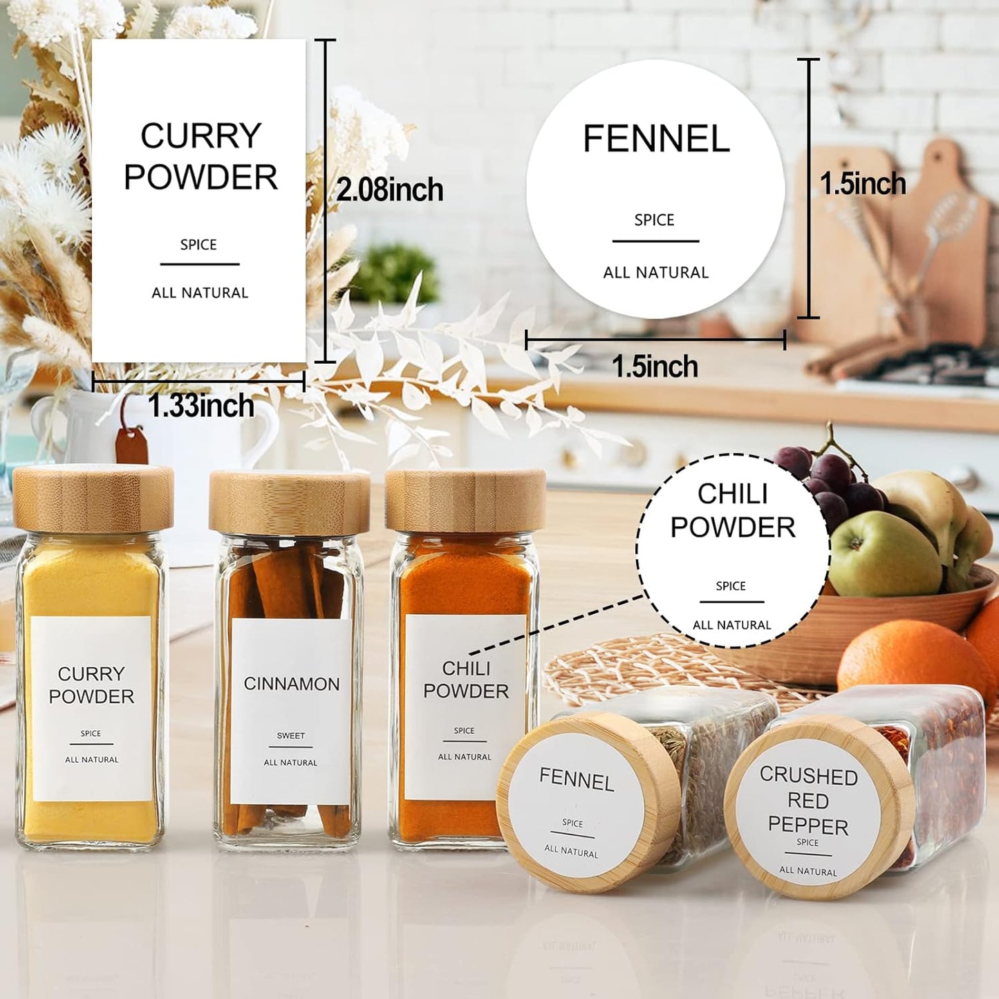 Glass Spice Jars with Bamboo Lid & 398 Label for Cabinet & Drawer Organizer | 24 pcs 4 fl oz Square Spice Bottles With Shaker Lids,Airtight Spice Containers Keep Fresh,Seasoning Containers Organization