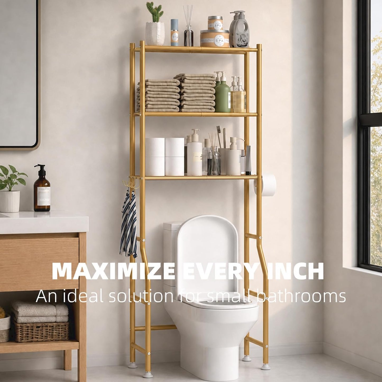 GloTika 3-Tier Over Toilet Storage, Anti-Tilt, 64" H, Black | Anti-Tilt Safety System, 150lb Capacity, Carbon Steel, Freestanding, No Drilling, Anti-Rust Coating, Paper Holder & 4 Hooks