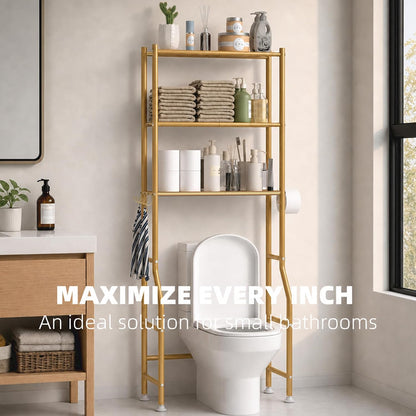GloTika 3-Tier Over Toilet Storage, Anti-Tilt, 64" H, Black | Anti-Tilt Safety System, 150lb Capacity, Carbon Steel, Freestanding, No Drilling, Anti-Rust Coating, Paper Holder & 4 Hooks