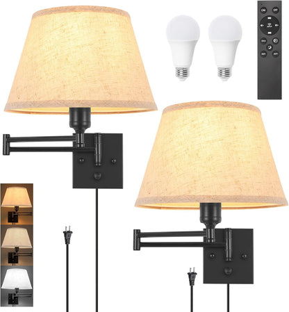 TRLIFE Wall Sconce Plug in, Dimmable Wall Sconces Set of Two Swing Arm Wall Lights with Plug in Cord and On/Off Dimmer Rotary Switch, 9.4" Medium Beige Fabric Shade(2 Pack, 2 Bulbs)