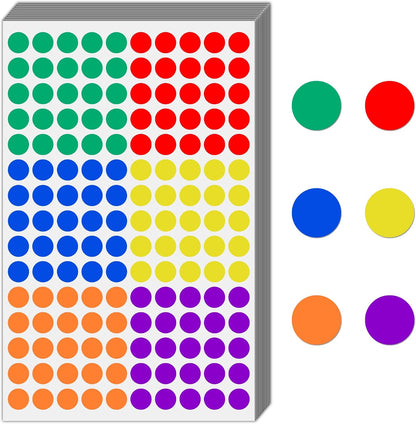 1/2" - Colored Dot Stickers, Round Labels - 6 Colors