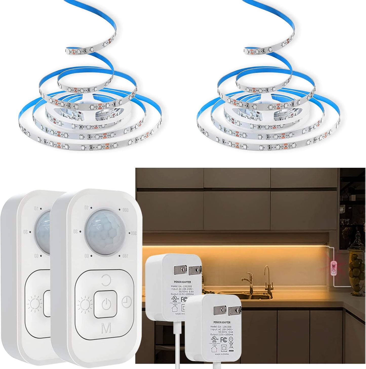 Motion Sensor Led Light Strip - with UL FCC Plug Adapter, Multi-Functional Controller, Dimmer, Timer, Under Cabinet Lights for Indoor Kitchen Stair Showcase Bedroom Corridor Counter 16.4ft Warm White.