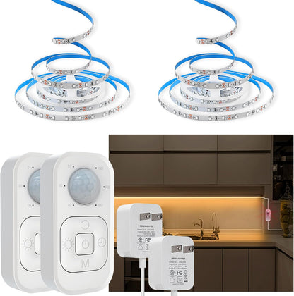 Motion Sensor Led Light Strip - with UL FCC Plug Adapter, Multi-Functional Controller, Dimmer, Timer, Under Cabinet Lights for Indoor Kitchen Stair Showcase Bedroom Corridor Counter 16.4ft Warm White.