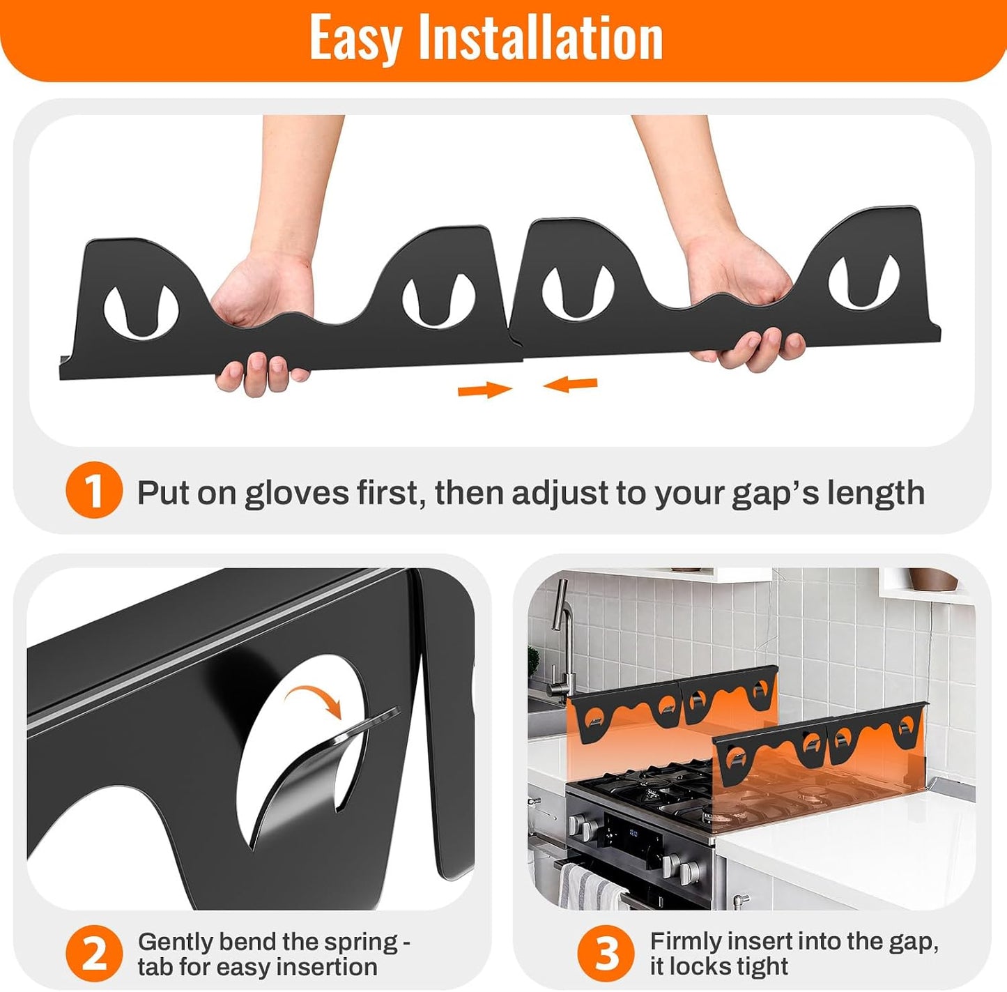 Adjustable Stove Gap Covers 2 Pack, Black 13.8-27.5 Inch | Heat & oil-resistant metal range trim guard. Fits kitchen oven, counter, sink, washer & dryer. Tool-free install