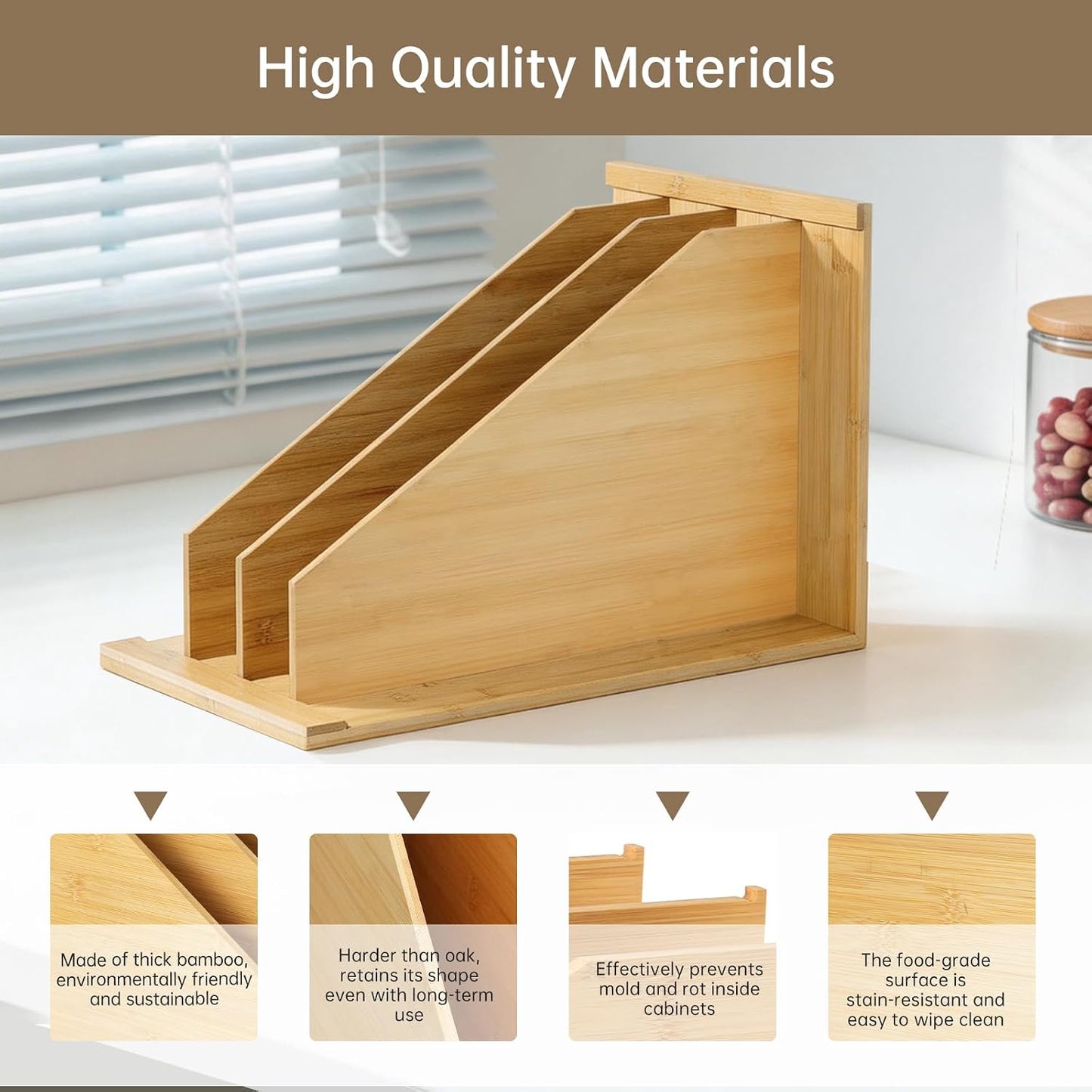 Tray Dividers for Kitchen Cabinets，cookie sheet divider for cabinet | (14"H x 21.3"D) - Bamboo Cabinet Organizer with 3 Dividers for Cookie Sheets, Baking Pans, Cutting Boards & Pot Lids
