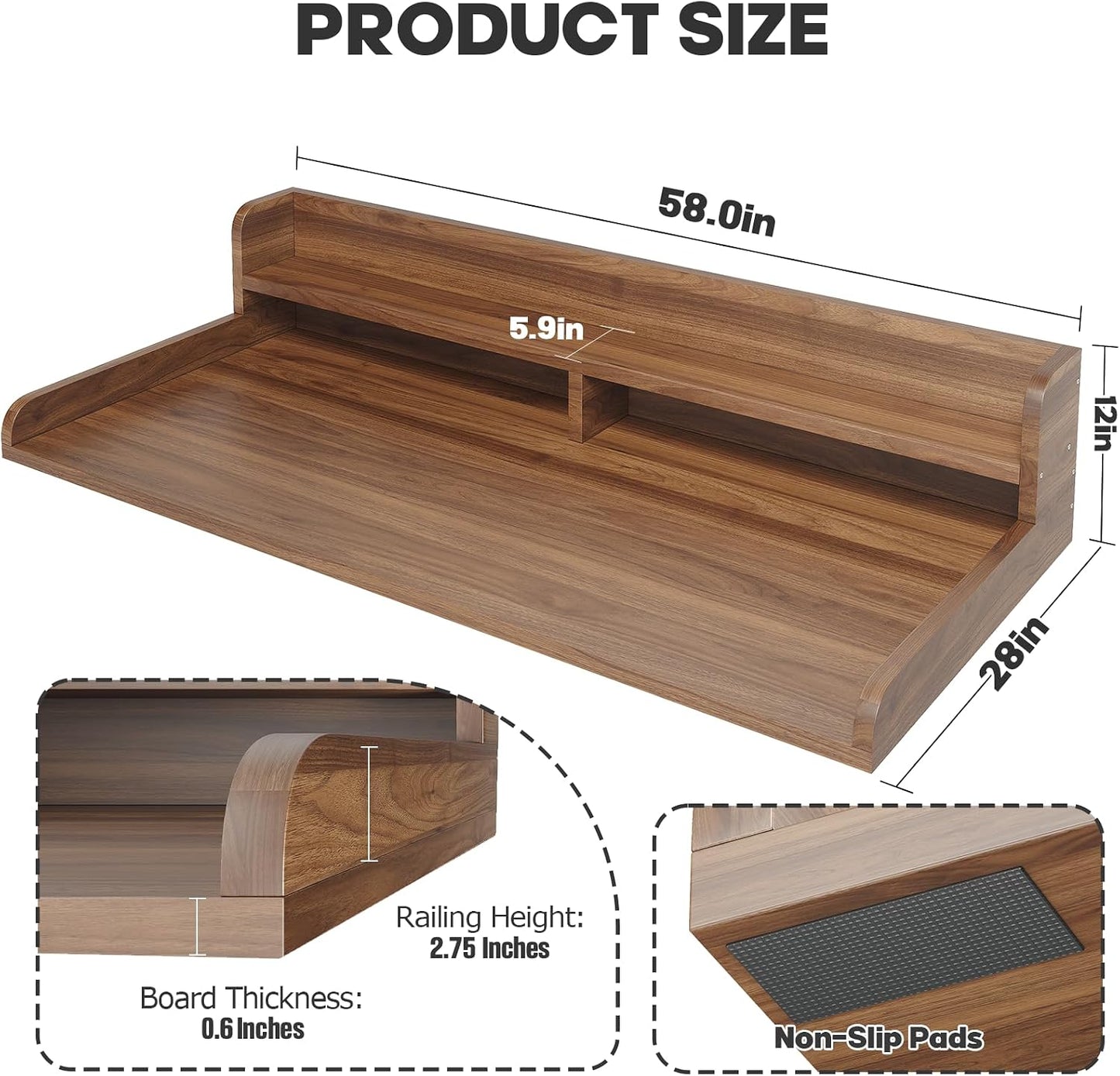 2-Tier Washer Dryer Countertop with 2.75" H Edge Rails, 54" W x 27.55" D Laundry Countertop for Folding Clothes, Washer and Dryer Topper with Non-Slip Pad (Dark Walnut)