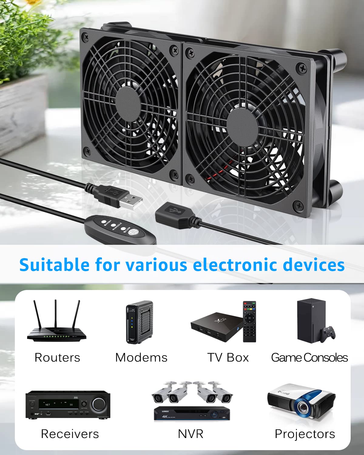 GDSTIME 240mm Router Fan Cooler with L/M/H Speed Control DC 5V USB Powered