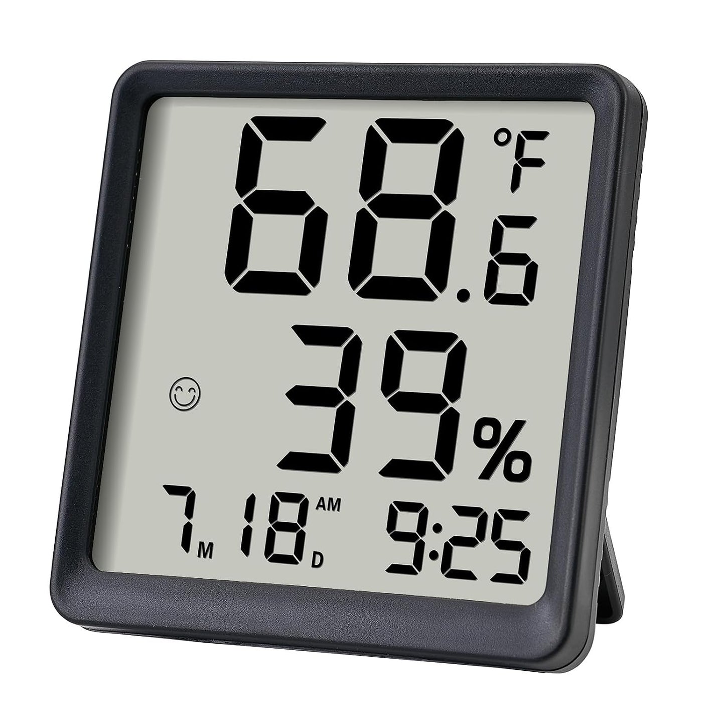 Room Hygrometer Indoor Thermometer for Home, Black | Small Digital Temperature Humidity, Comfort Indicator, Digital Clock & Calendar, Desktop Humidity Meter, Compact Size