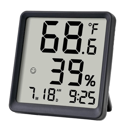 Room Hygrometer Indoor Thermometer for Home, Black | Small Digital Temperature Humidity, Comfort Indicator, Digital Clock & Calendar, Desktop Humidity Meter, Compact Size