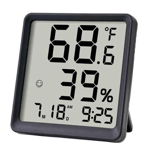 Room Hygrometer Indoor Thermometer for Home, Black | Small Digital Temperature Humidity, Comfort Indicator, Digital Clock & Calendar, Desktop Humidity Meter, Compact Size