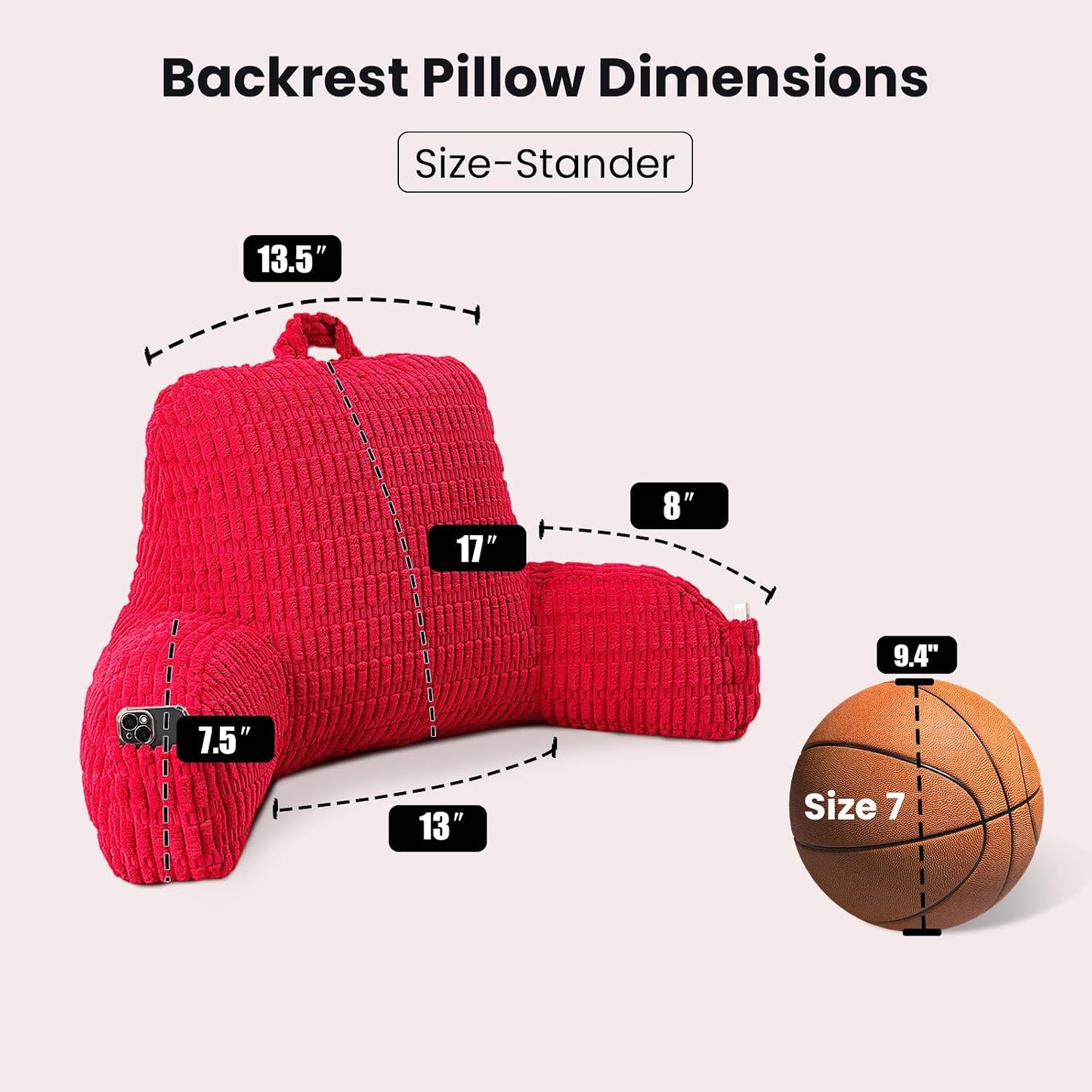 Reading Pillow with Arms for Sitting in Bed,Backrest,White Flannel,M | 17" Backrest Supports Back for College Students,Elbows & Forearms for Dorm Reading,Gaming,Watching TV