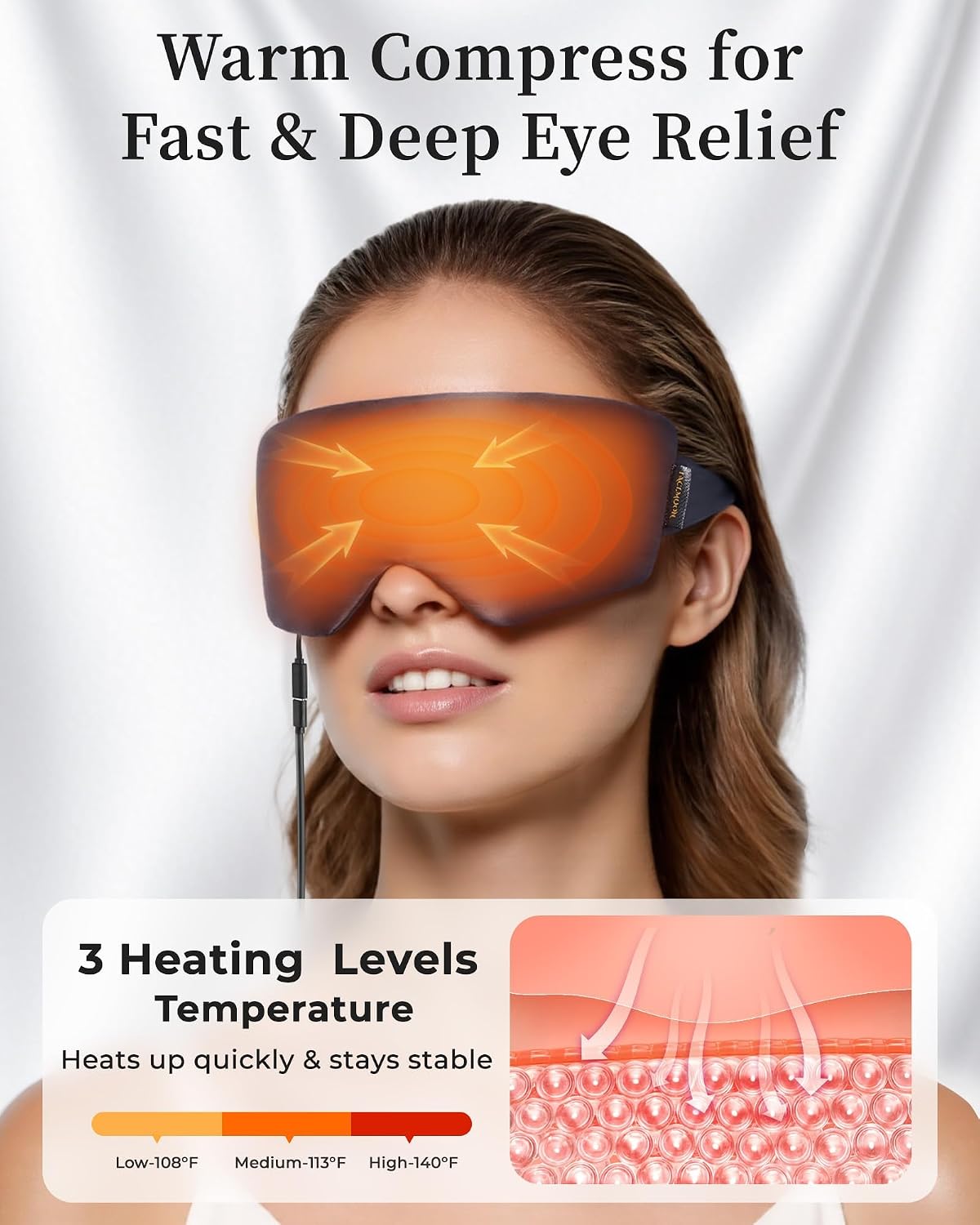 Heated Eye Mask for Dry Eyes, USB Powered Silk Warm Compress for Eyes | Electric Eye Heating Pad with 3 Heat Levels & 4 Timer, Washable Dry Eye Mask for Blepharitis, Stye, MGD, Sinus Pressure, Blue