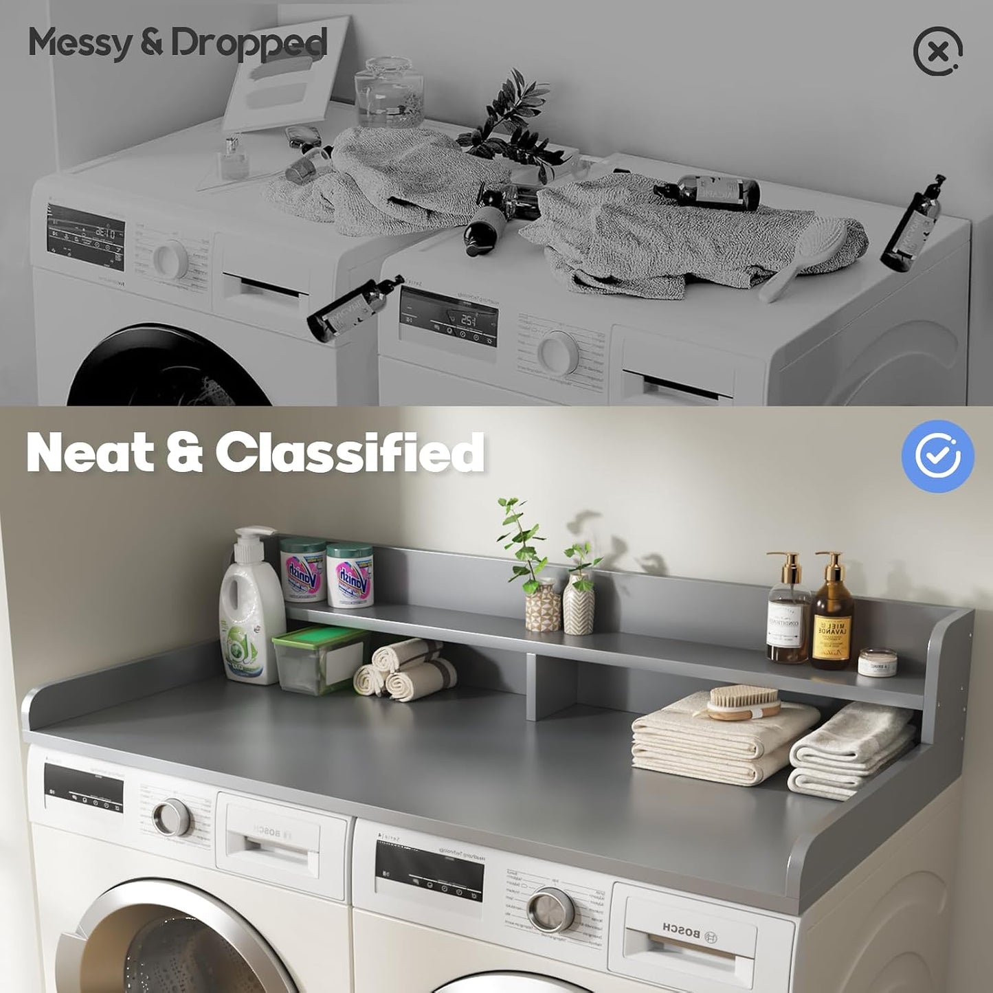 2-Tier Washer and Dryer Countertop with 2.75" H Guard,54" W x 27.5" D Laundry Countertop Cover with Non-Slip Pad,Large Space Laundry Topper for Folding Clothes Over Washer and Dryer-White